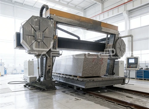 Large bridge-type granite machining centre cutting a raw black granite block on a rail-mounted table inside the UNPARALLELED temperature-controlled workshop